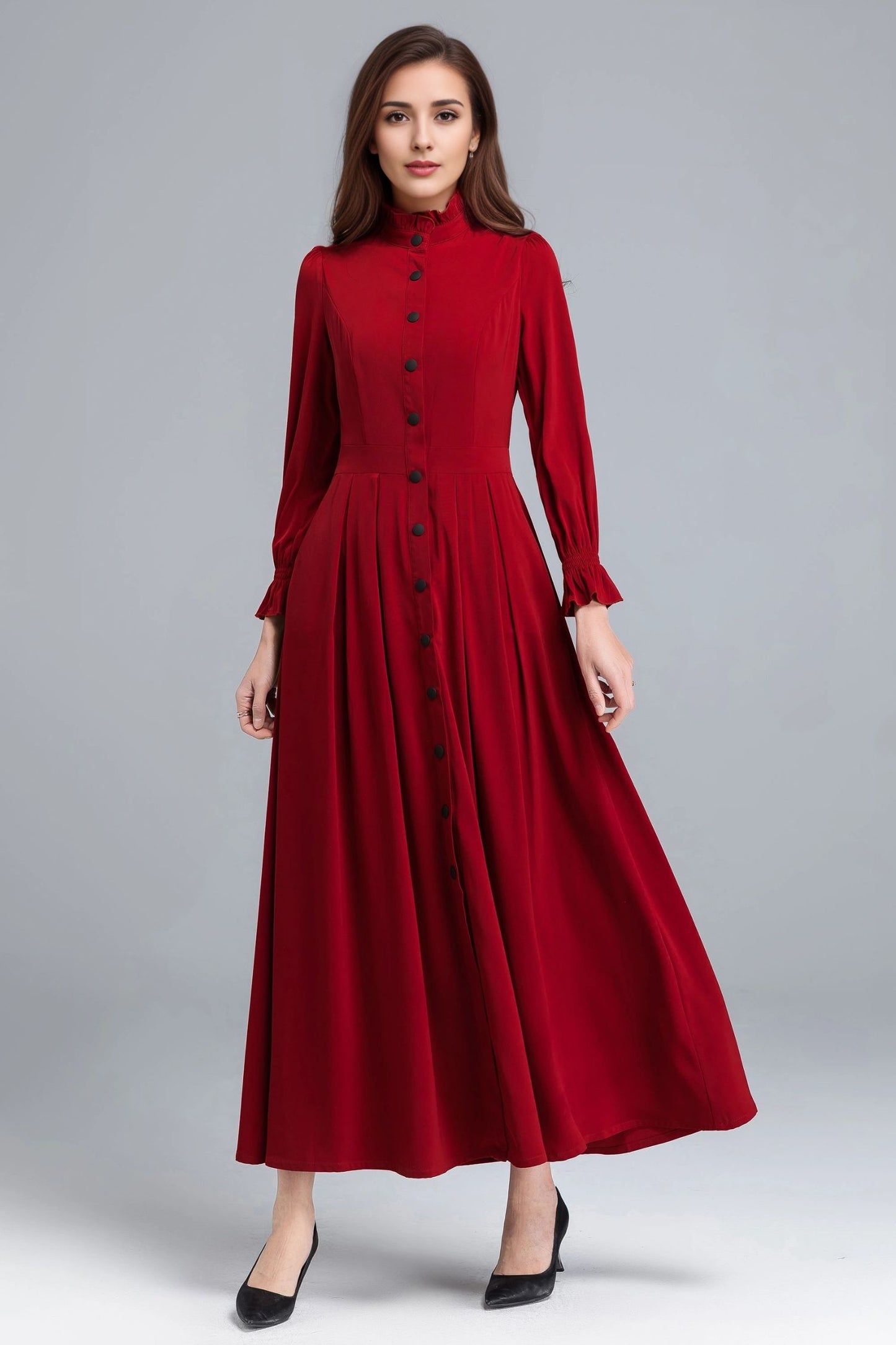 Red Long Sleeve Button Front Maxi Dress – Elegant Fit and Flare Shirt Dress 6345