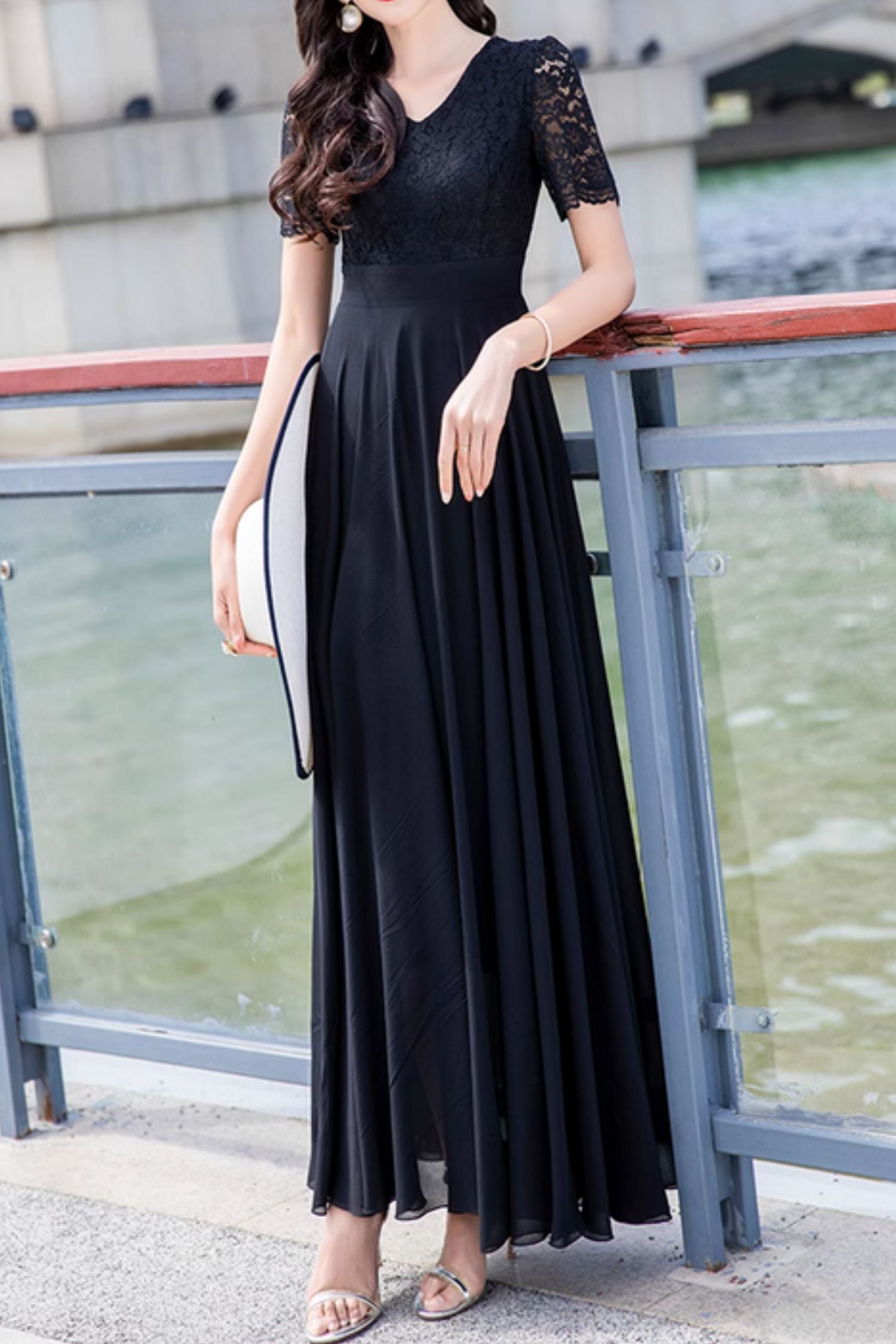lace chiffon maxi dress Zapaka Women Navy Chiffon A-Line Long Mother of the Bride Dress with Lace V-Neck Long Sleeves Wedding Guest Dress, Navy / US18W
