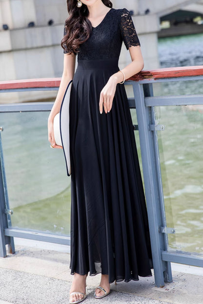 Black chiffon and lace summer maxi dress 5025