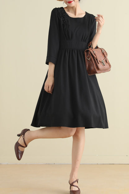 Vintage inspired little black linen dress women 2794