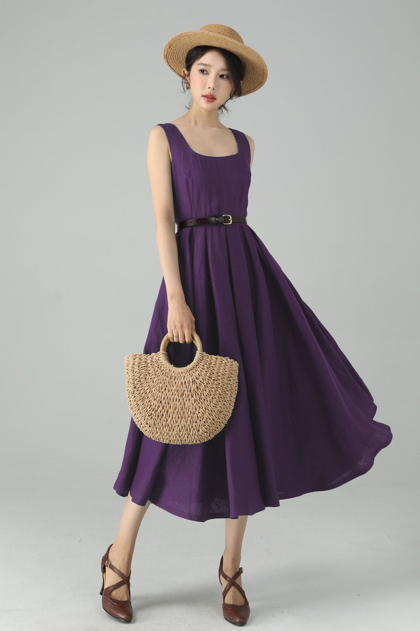 Purple Linen Midi Dress – Handmade Square Neck Fit-and-Flare Dress 6675