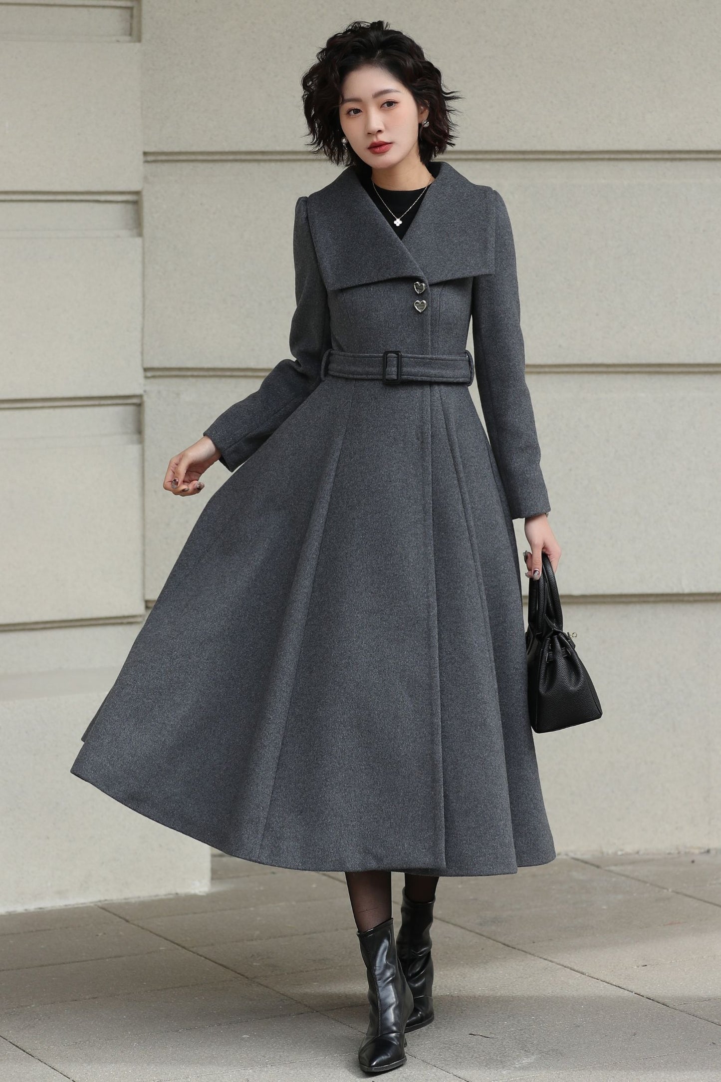 Handmade Vintage Wool Coat – Gray Fit and Flare Belted Midi Winter Coat 6617