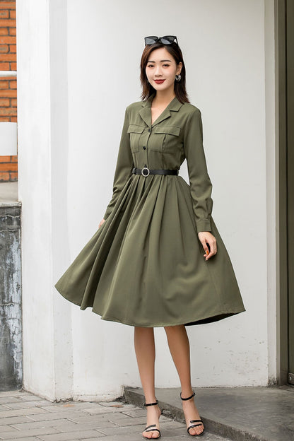 Green Polyester Shirt Dress | Long Sleeve Midi | Xiaolizi 2846 Green Polyester Shirt Dress | Long Sleeve Midi | Xiaolizi 2846