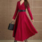 Red V neck prom midi wool dress 5357