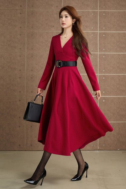Vintage Wool Blend Midi Dress – Handmade Fit & Flare Winter Dress | Xiaolizi 5357