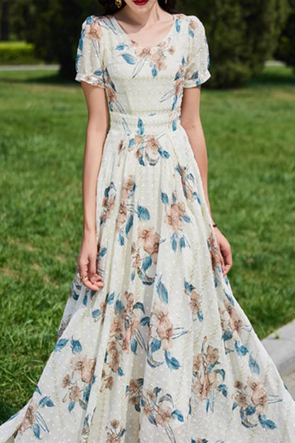 Floral Chiffon Maxi Dress - V-Neck, Fitted Waist, Short Sleeve 5032