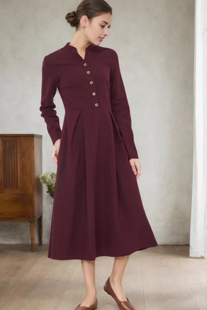 Burgundy Linen Midi Dress - Button Front A-Line Long Dress 5570