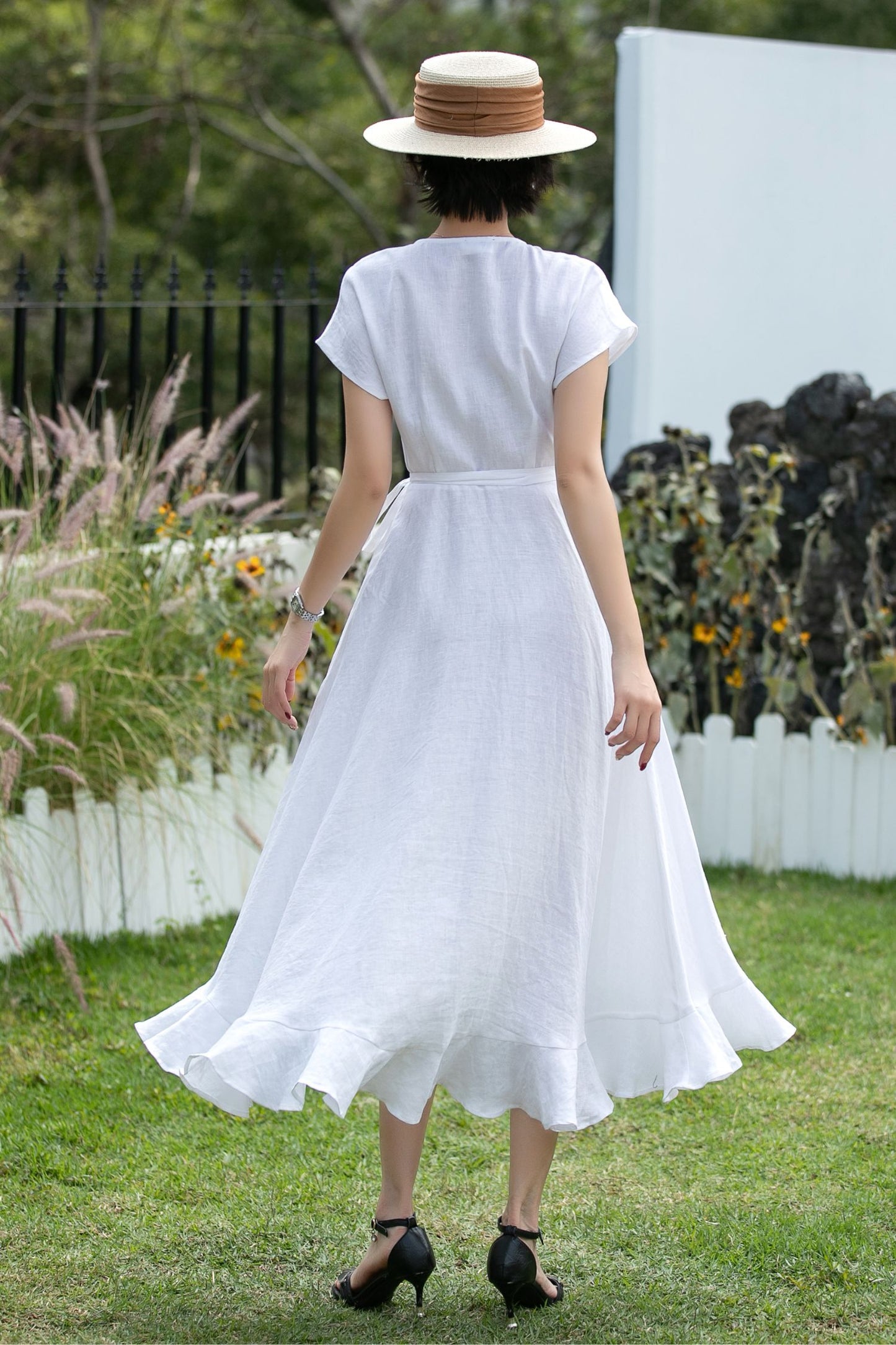 White Linen Wrap Dress - V-Neck Ruffle Hem | Xiaolizi 6743