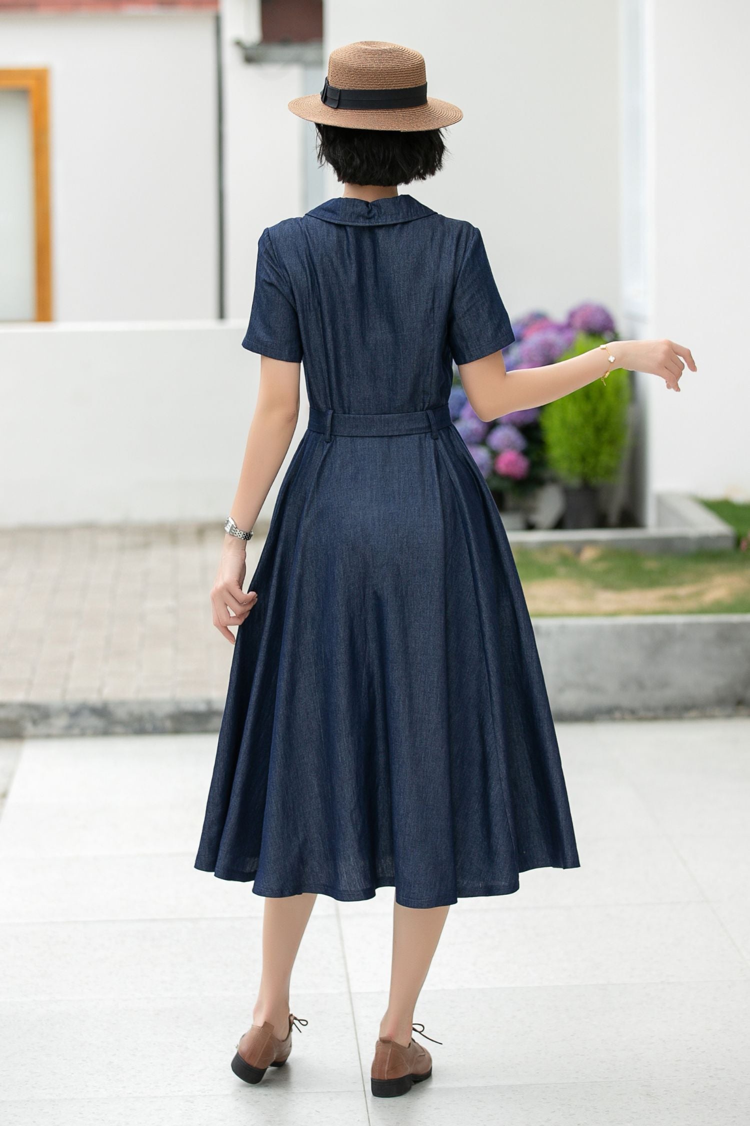Vintage Blue Shirt Dress – Short Sleeve Belted Midi Dress 5989