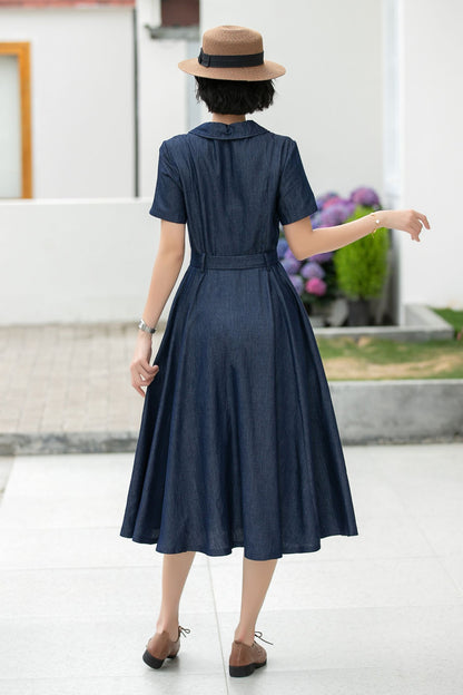 Women’s Tencel Blend Shirt Dress – Retro Button Up Midi Dress 5989