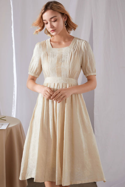 Beige Linen Midi Dress - Pleated Swing with Puff Sleeves 3461