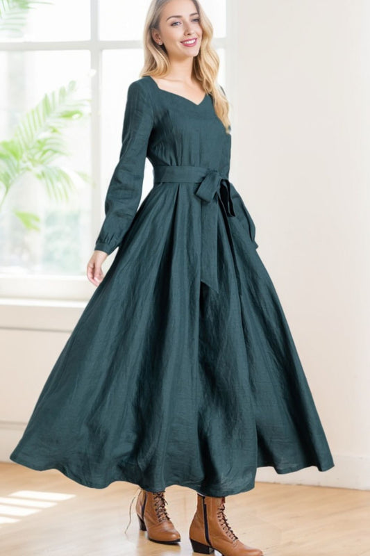 Customizable Dark Teal Linen Maxi Dress 5639