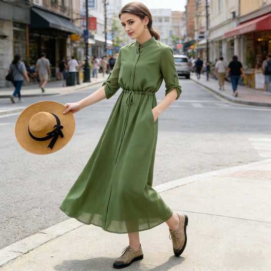 Soft Green Chiffon Dress with Tie Waist and Flowing Shape | Xiaolizi 6770