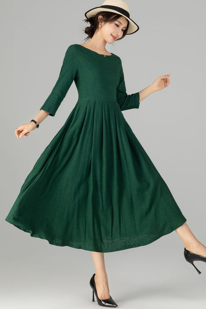 Handmade Emerald Green Linen Dress | 1950s Vintage Style Midi with Pleated Waist 5714