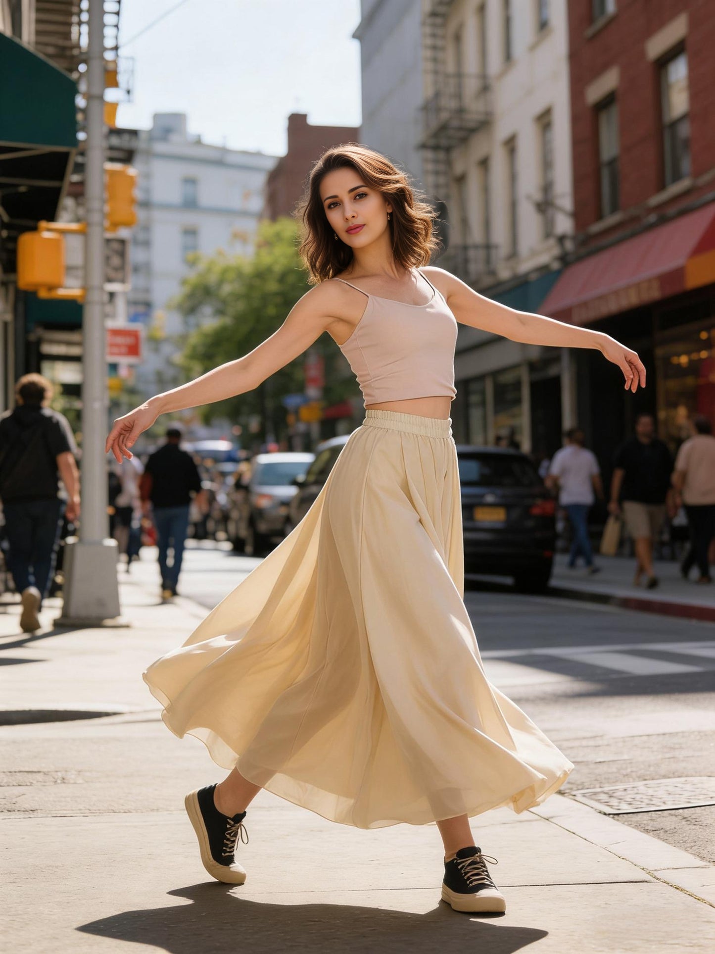 Beige Chiffon Midi Skirt – Flowing Elegant Style | Xiaolizi 6768