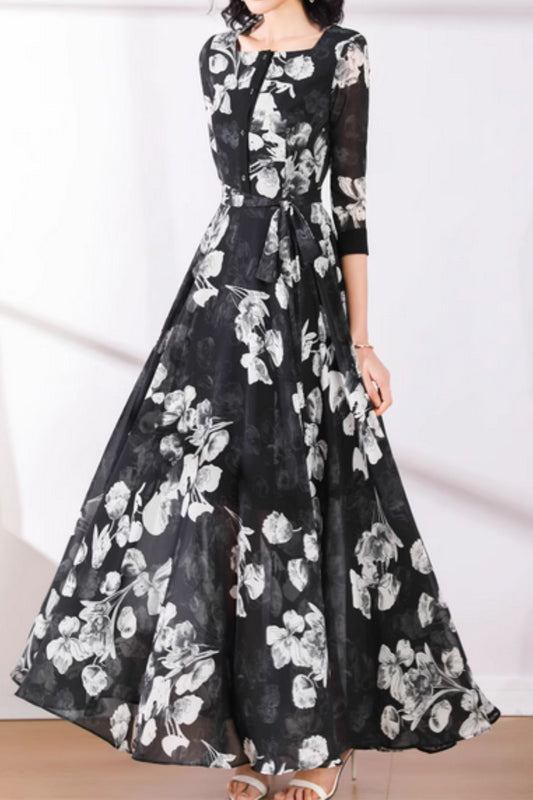 Black flower printed maxi summer chiffon dress 5073