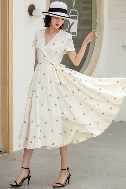Handmade Cream White Embroidered Linen Cotton Wrap Dress – Vintage Summer Midi 5835