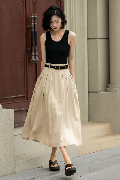 Pleated midi beige linen skirt with pockets 5237