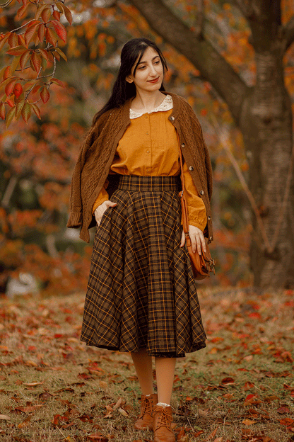 Brown Wool Midi Circle Skirt - Pleated, High Waist Elegance 4733