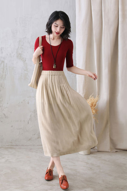 Khaki Cotton Linen Midi Skirt - Pleated Waist, High Rise 2773