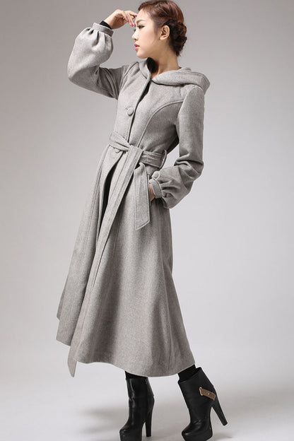 Handmade Grey Wool Coat with Hood – Belted Lantern Sleeve Long Winter Overcoat | Xiaolizi 0708