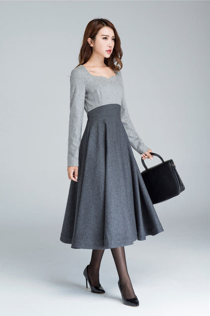 Gray Wool Midi Dress - A-Line Square Neck | Xiaolizi 1615