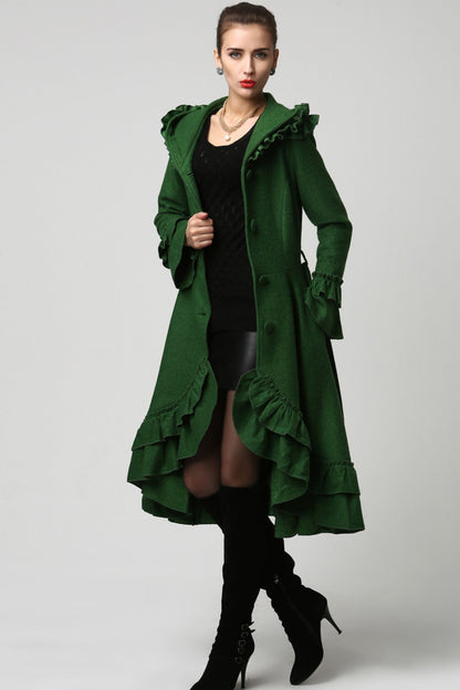 Dark Green Wool Coat – Vintage Ruffle Hooded Winter Overcoat with Tie Belt 1120