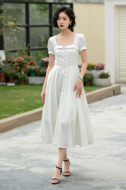 White Linen Midi Swing Dress - Square Neckline with Puff Sleeves 5980