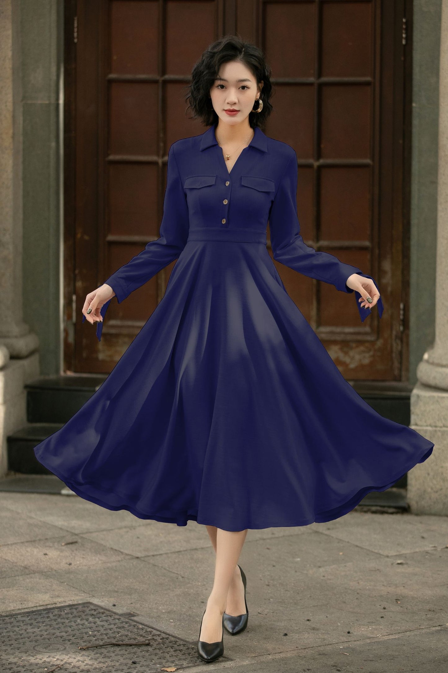 Handmade Linen Cotton Midi Shirt Dress – Vintage Elegant Swing Dress for Women 6286