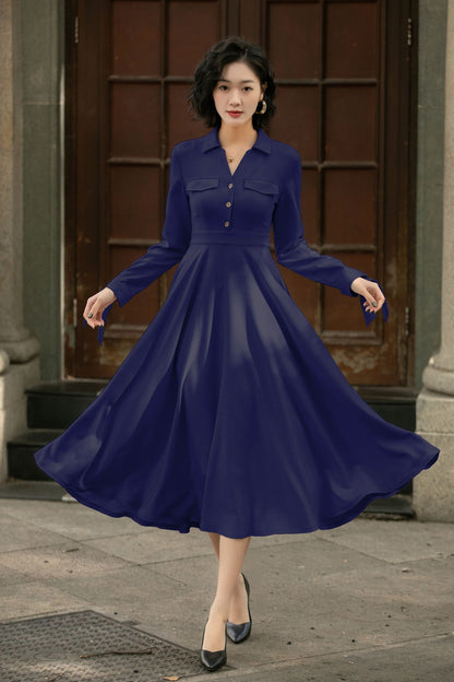 Handmade Linen Cotton Midi Shirt Dress – Vintage Elegant Swing Dress for Women 6286