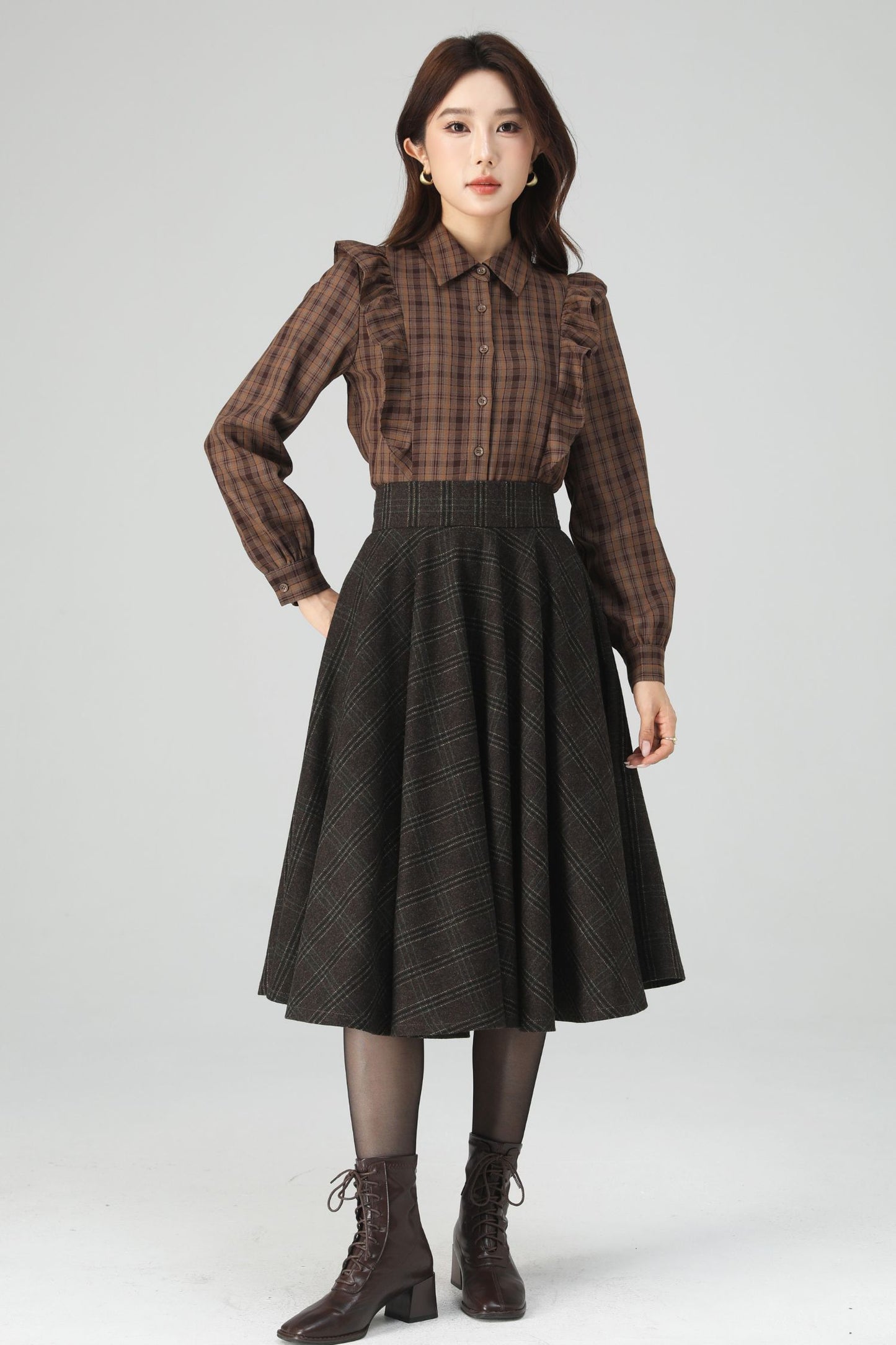 Brown Polyester Plaid Shirt - Relaxed Fit with Scalloped Details 6399