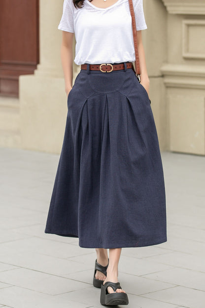 Blue long linen skirt with pockets 4943