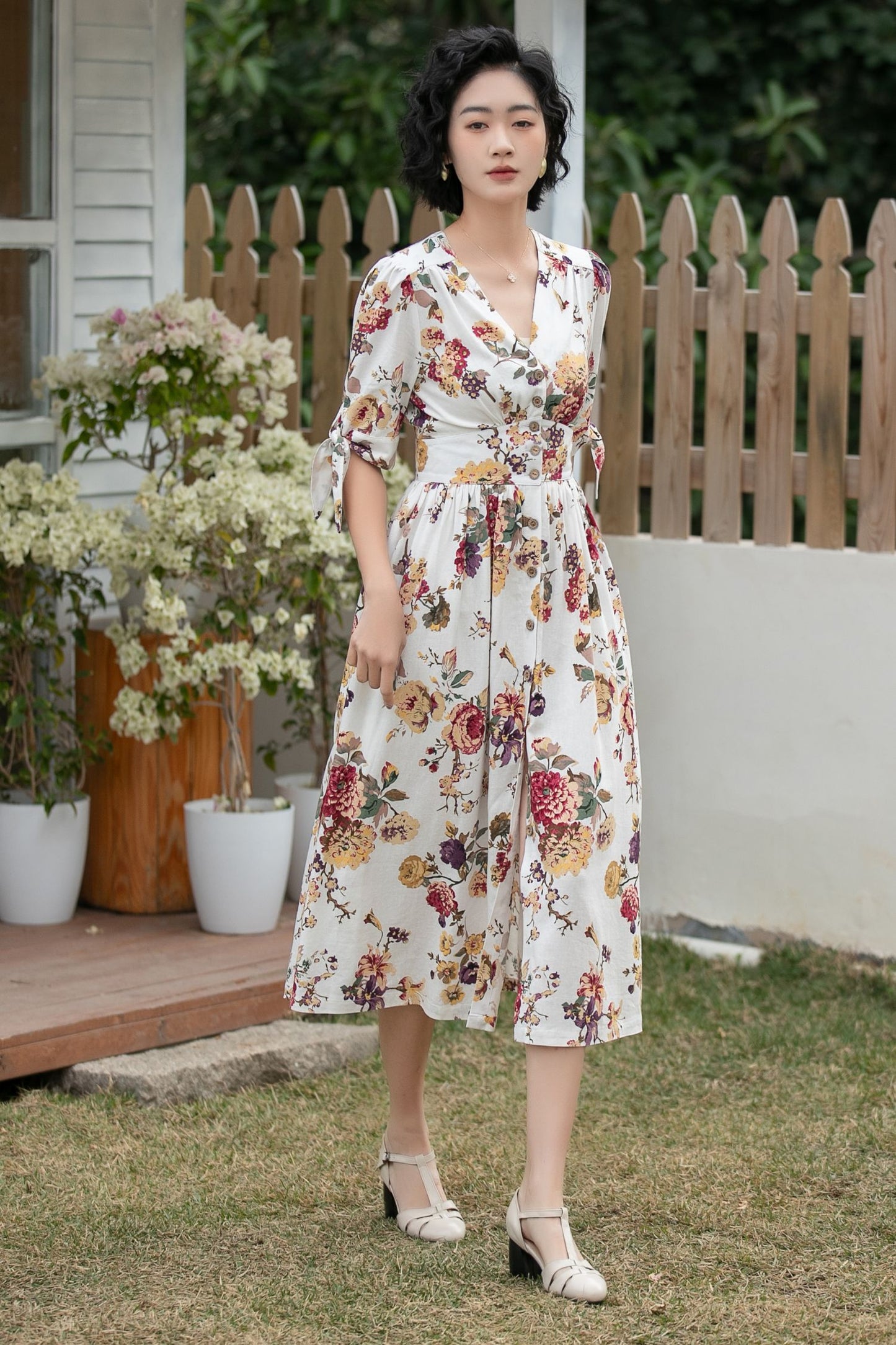 Xiaolizi Floral Linen Midi Dress – Vintage V Neck A-Line 6699