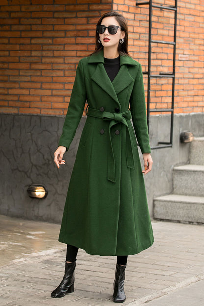 Dark Green Wool Coat – Vintage Double Breasted Winter Maxi | Xiaolizi 2842