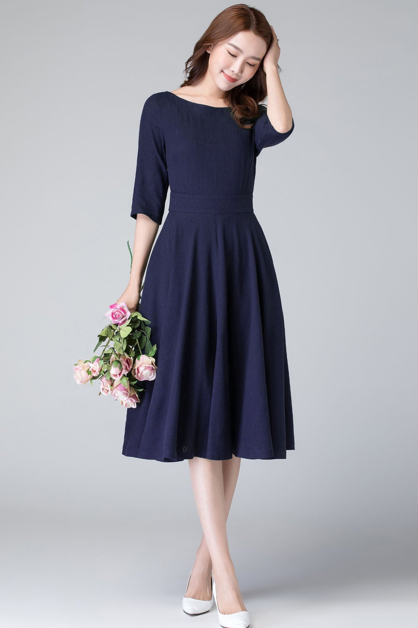 Handmade Navy Linen Cotton Midi Dress – Fit & Flare with Pockets 6656