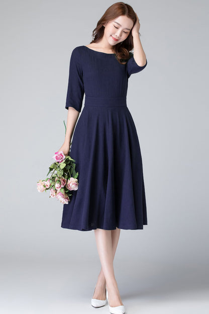 Handmade Navy Linen Cotton Midi Dress – Fit & Flare with Pockets 6656
