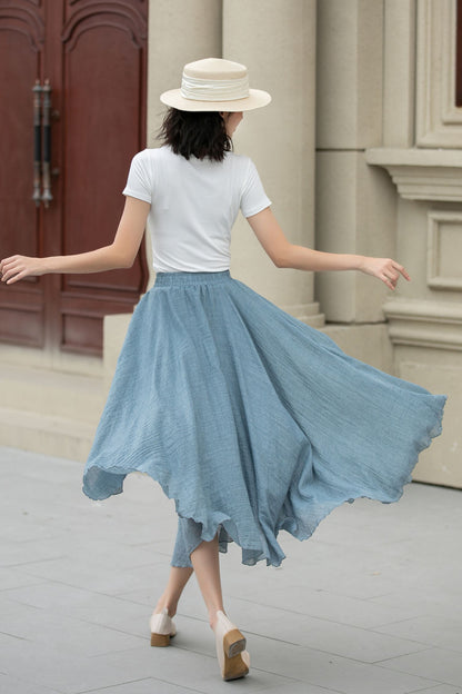 Blue Linen Cotton Midi Skirt - A-Line Swing | Xiaolizi 5150