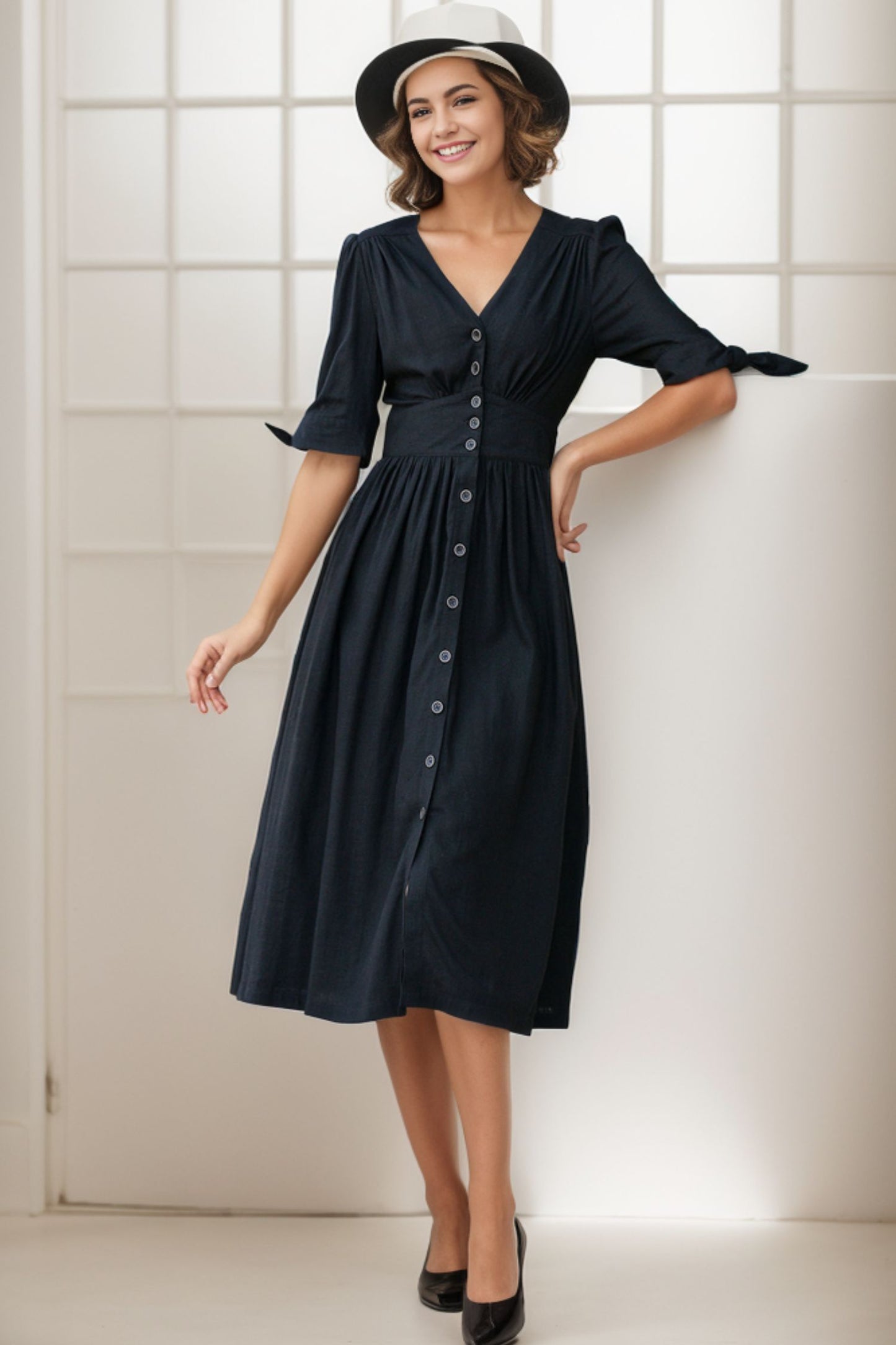 Black midi linen dress with V neckline 5129
