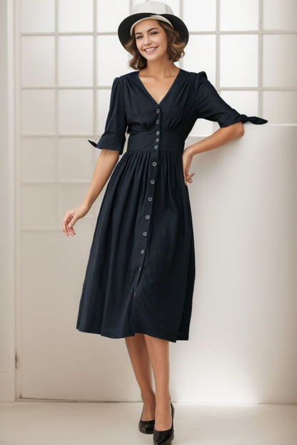 Black Linen Midi Dress - V-Neck, Button-Down Elegance 5129