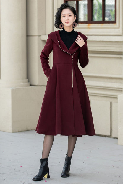 Vintage Hooded Wool Coat – Burgundy Handmade Winter Zip Overcoat 5345