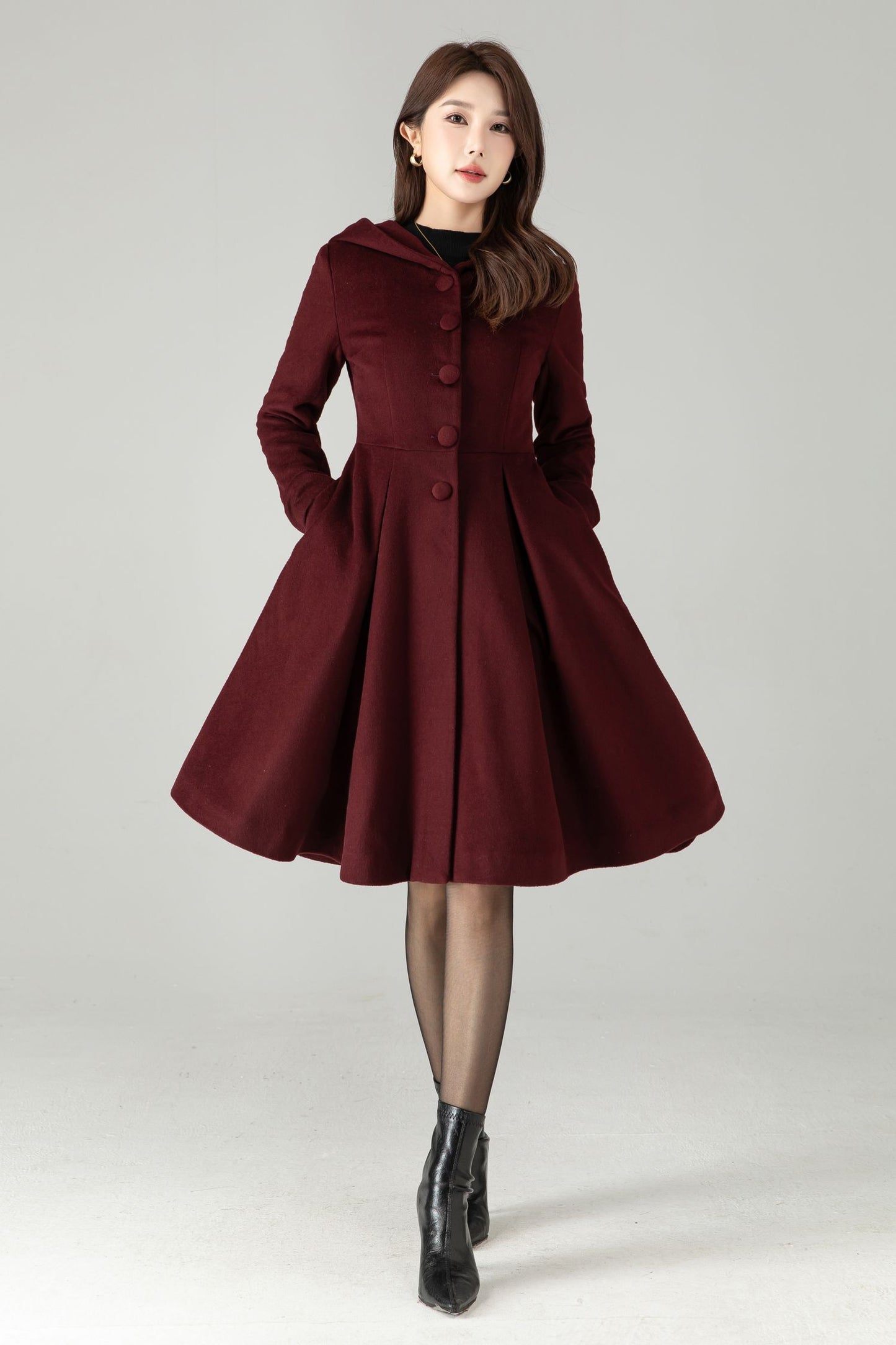 Hooded Burgundy Wool Coat – Vintage Fit & Flare Short Winter Coat | Xiaolizi 6572