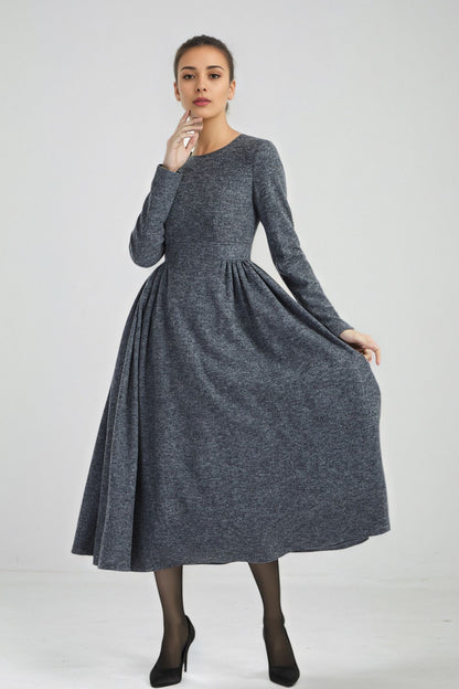 Dark Grey Wool Midi Dress - Fit and Flare Silhouette 6293