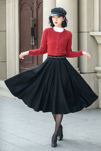 Vintage Black Wool Midi Skirt – Embroidered Waist Circle Skirt  5310