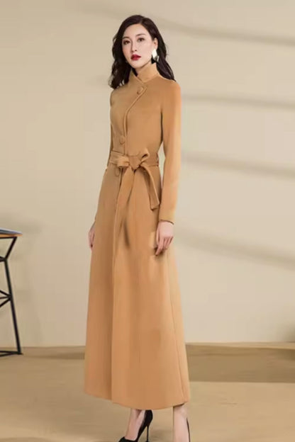 Wine Red Wool Long Trench Coat - Stand Collar, Belted Waist 5294