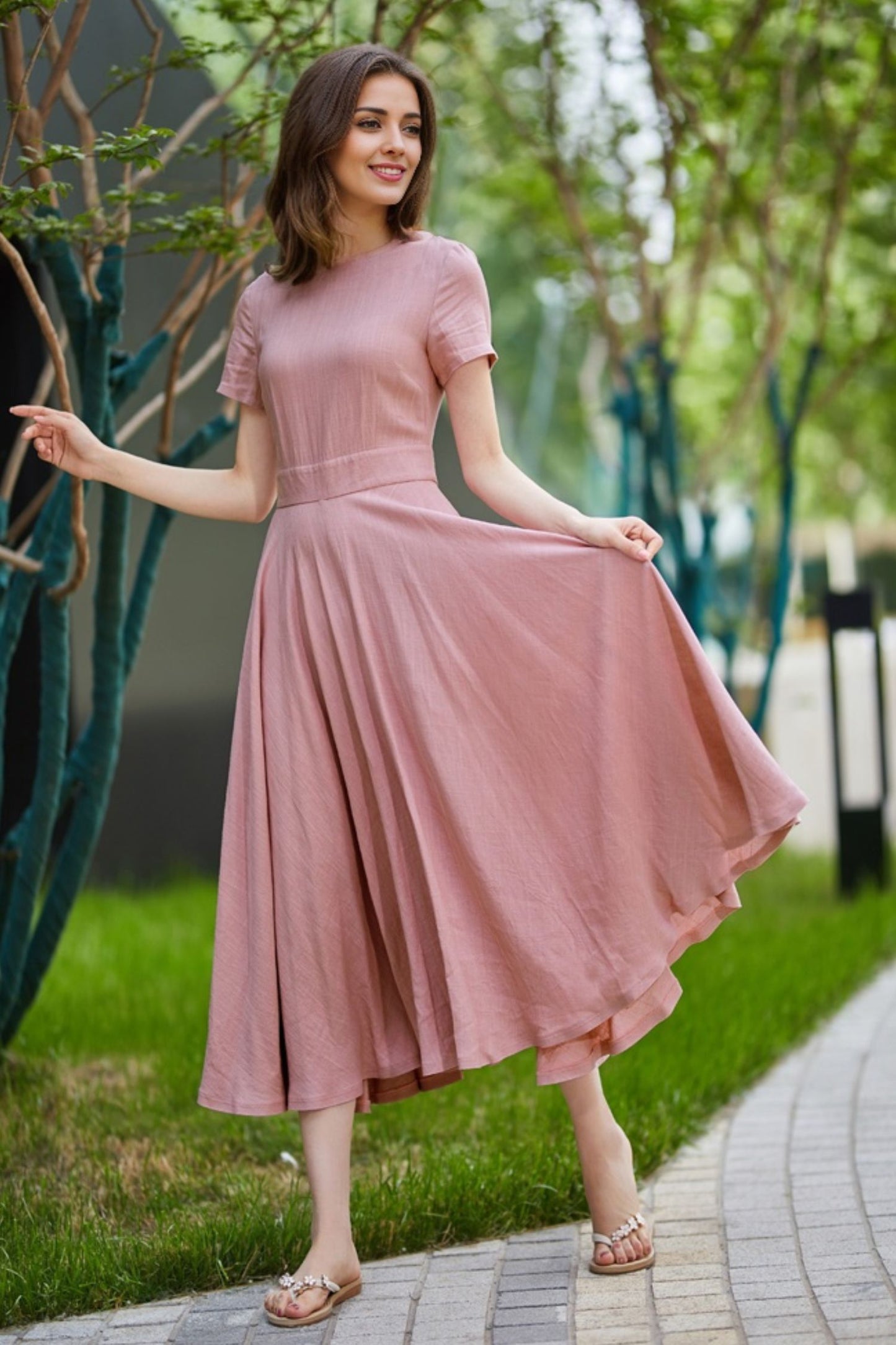 Summer womens Pink Linen Midi swing dress 5824