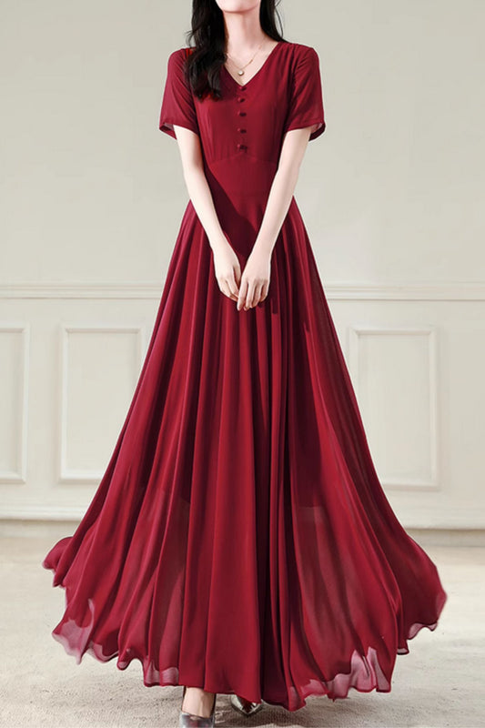 Burgundy fit and flare long chiffon dress 5101