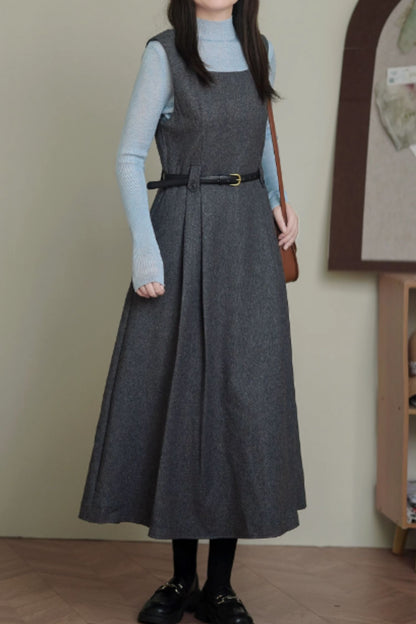 Sleeveless long gray wool dress women 5599