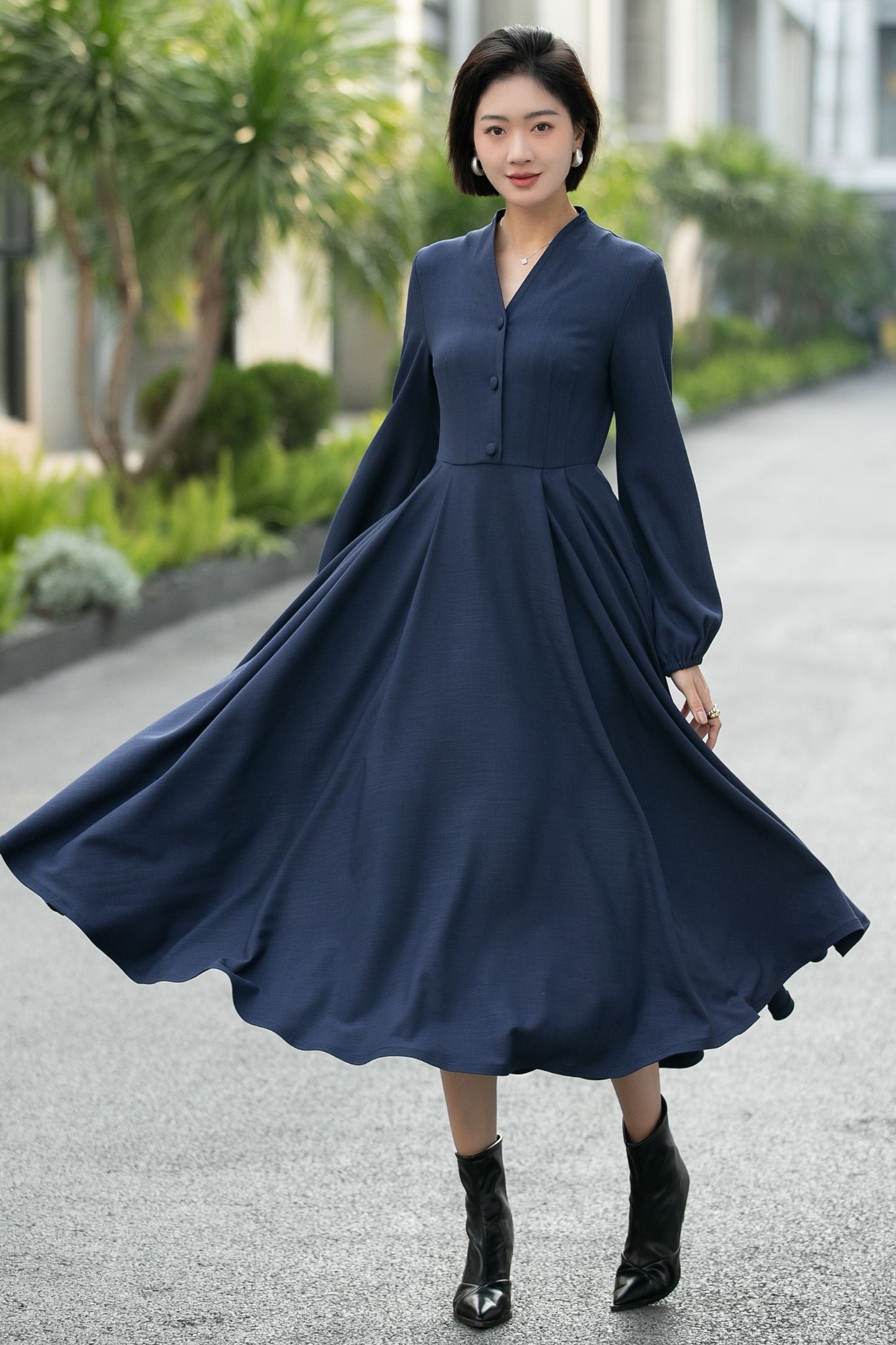 Handmade Navy Blue Button-Front Midi Dress – Vintage Long Sleeve Swing Dress 6659 -Size XS #CK2600029