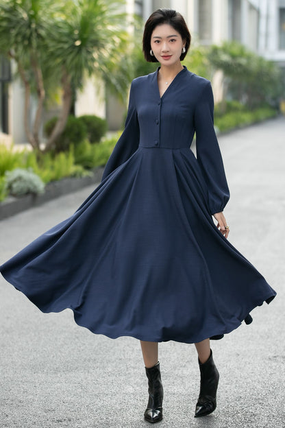Handmade Navy Blue Button-Front Midi Dress – Vintage Long Sleeve Swing Dress 6659 -Size XS #CK2600029