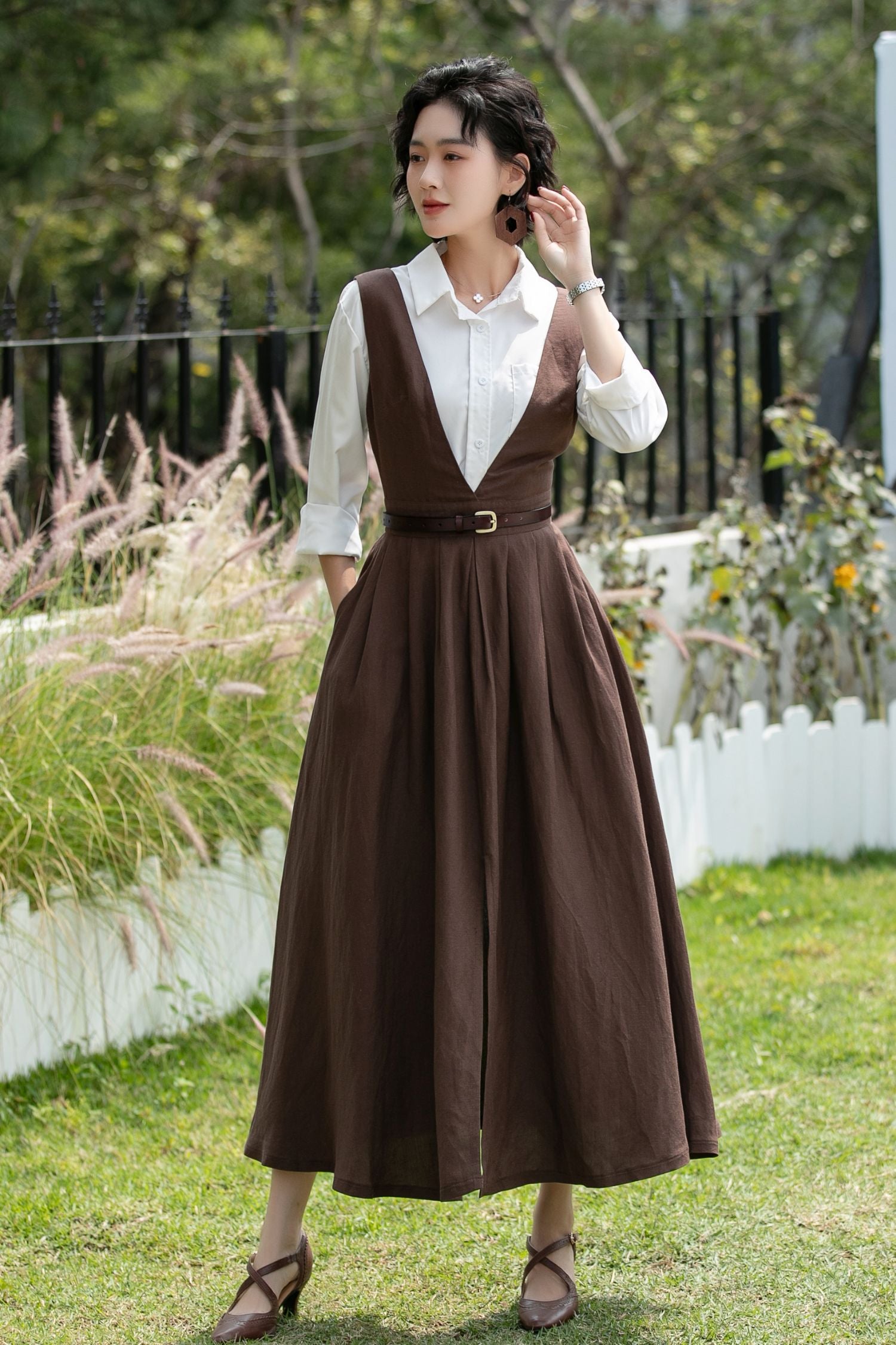 Brown Linen Cotton Pinafore Dress - Deep V Neck | Xiaolizi